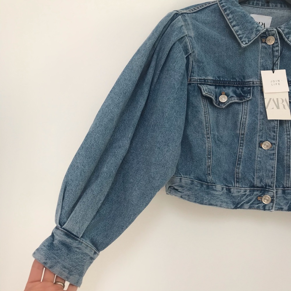 Zara Balloon Sleeves Cropped Denim Jacket Blue M - Picture 5 of 13